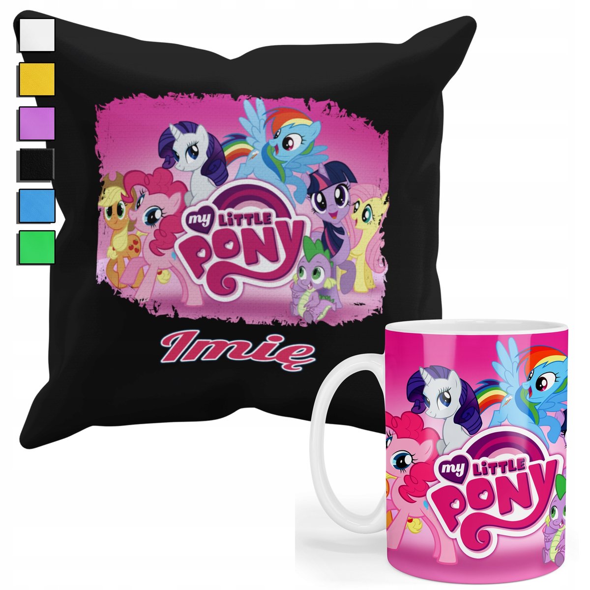 ZESTAW KUBEK + PODUSZKA Z POSZEWKĄ- PREZENT DLA FANA MY LITLLE PONY + IMIĘ