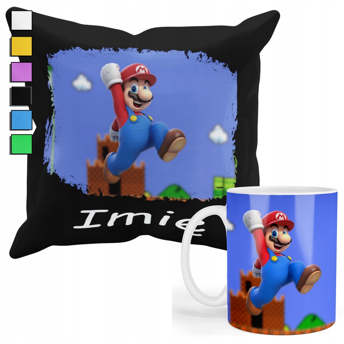 ZESTAW KUBEK + PODUSZKA Z POSZEWKĄ- PREZENT DLA FANA GRY SUPER MARIO+ IMIĘ