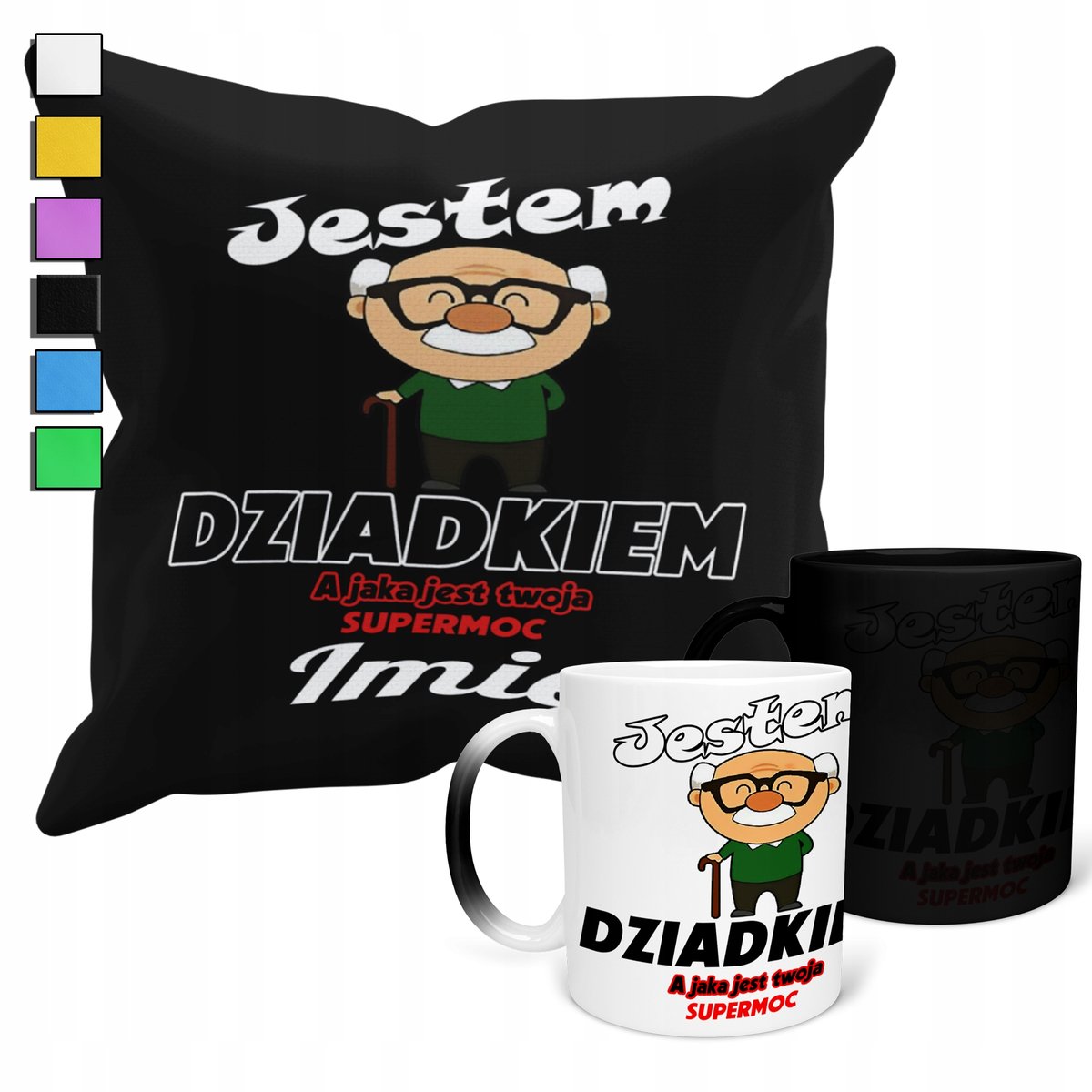 ZESTAW KUBEK MAGICZNY + POSZEWKA Z PODUSZKĄ- DZIEŃ DZIADKA PREZENT + IMIĘ