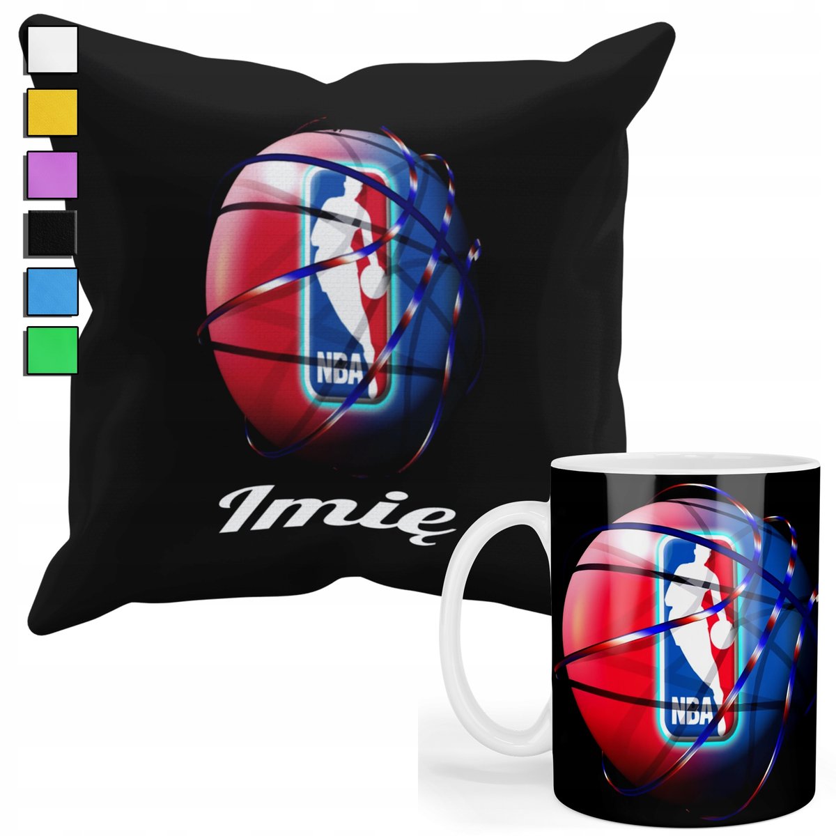 ZESTAW KUBEK + PODUSZKA Z POSZEWKĄ- PREZENT DLA FANA NBA KLUBY MAPA + IMIĘ