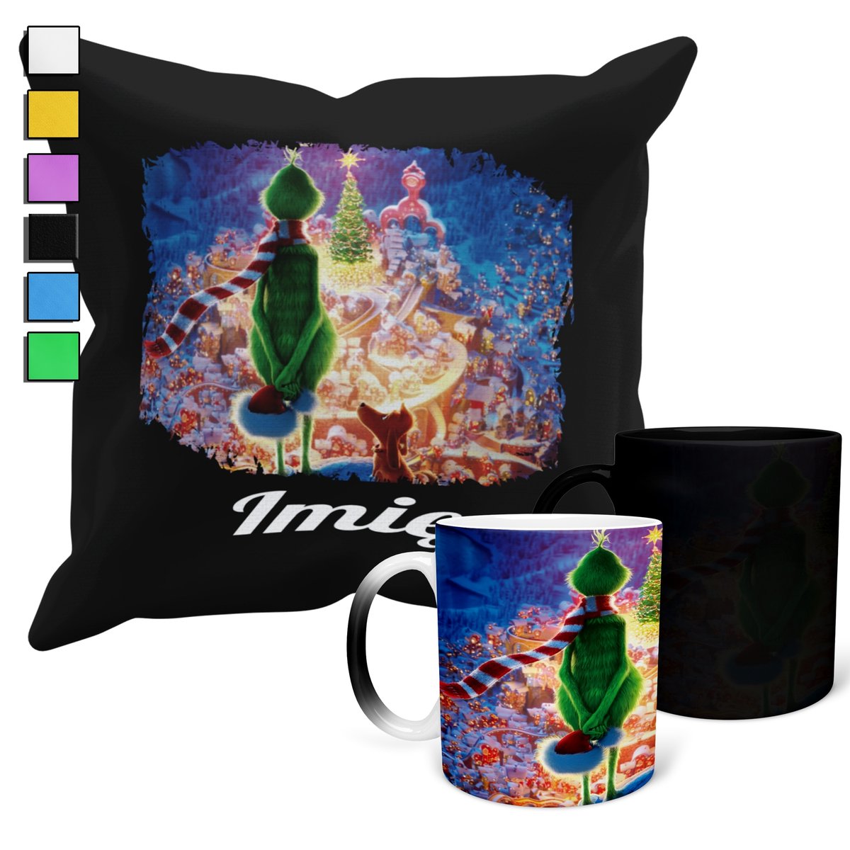 ZESTAW KUBEK MAGICZNY + POSZEWKA Z PODUSZKĄ- GRINCH ŚWIĘTA PREZENT + IMIĘ