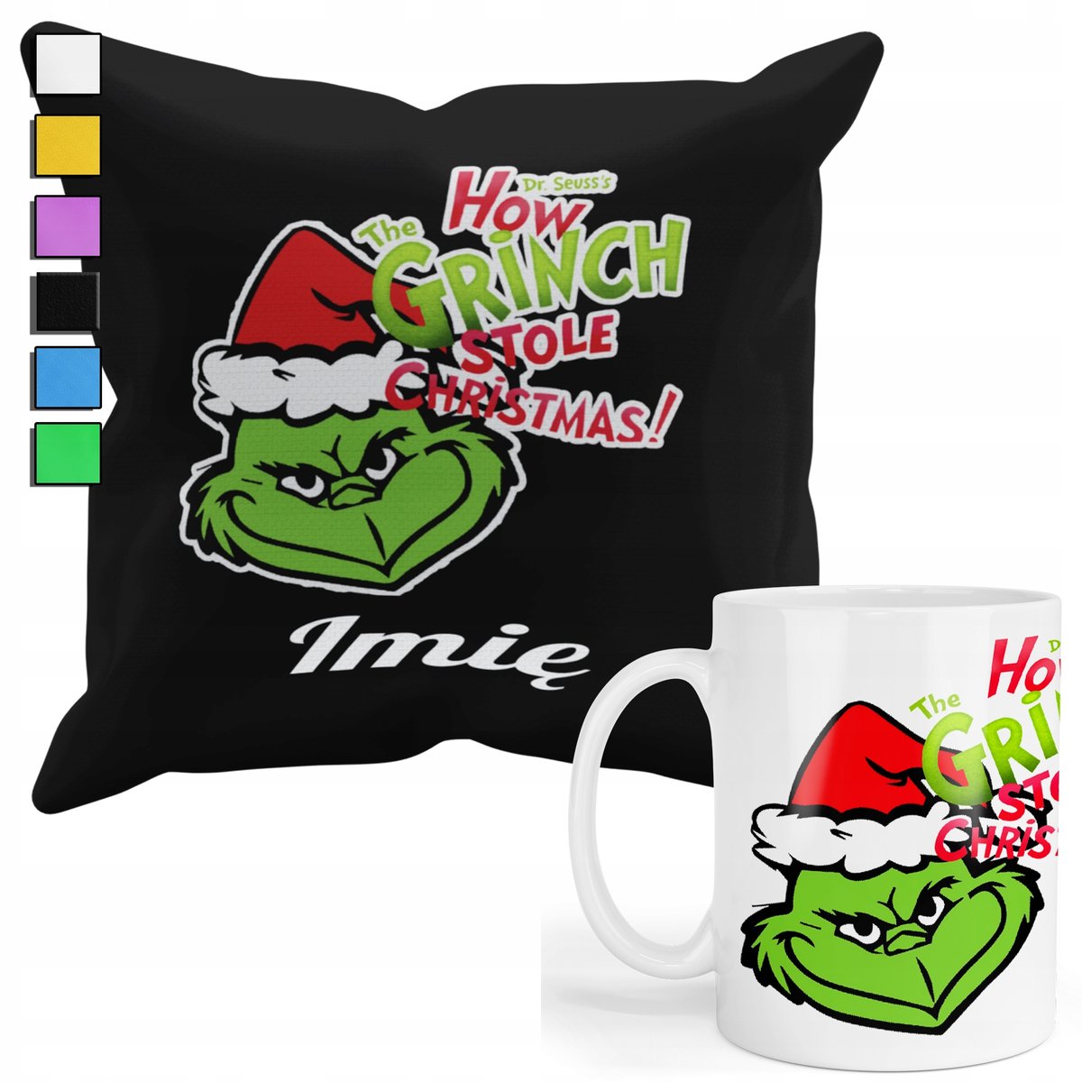 ZESTAW KUBEK + PODUSZKA Z POSZEWKĄ- PREZENT DLA FANA GRINCH ŚWIĘTA + IMIĘ