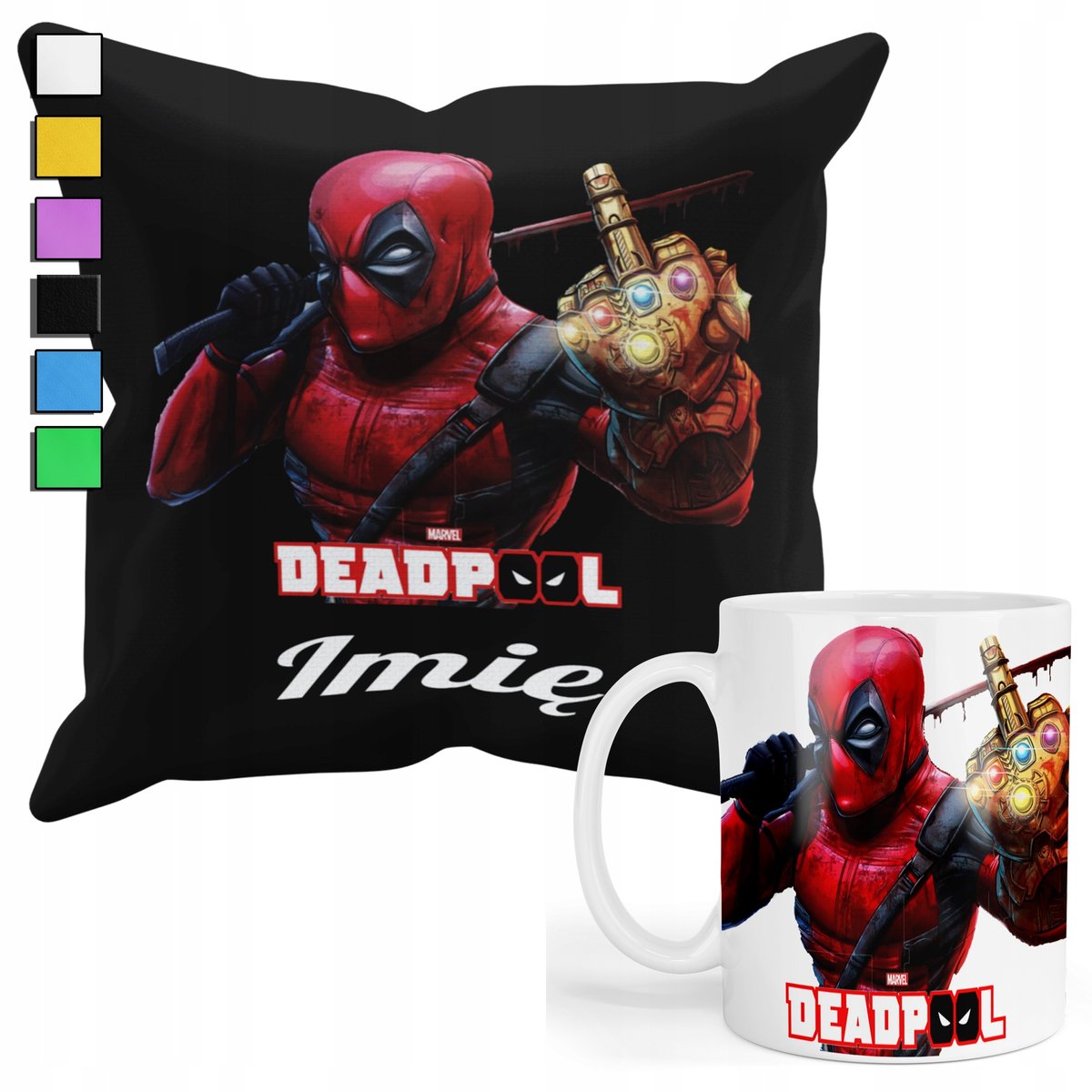 ZESTAW KUBEK + PODUSZKA Z POSZEWKĄ- PREZENT DLA FANA DEADPOOL + IMIĘ