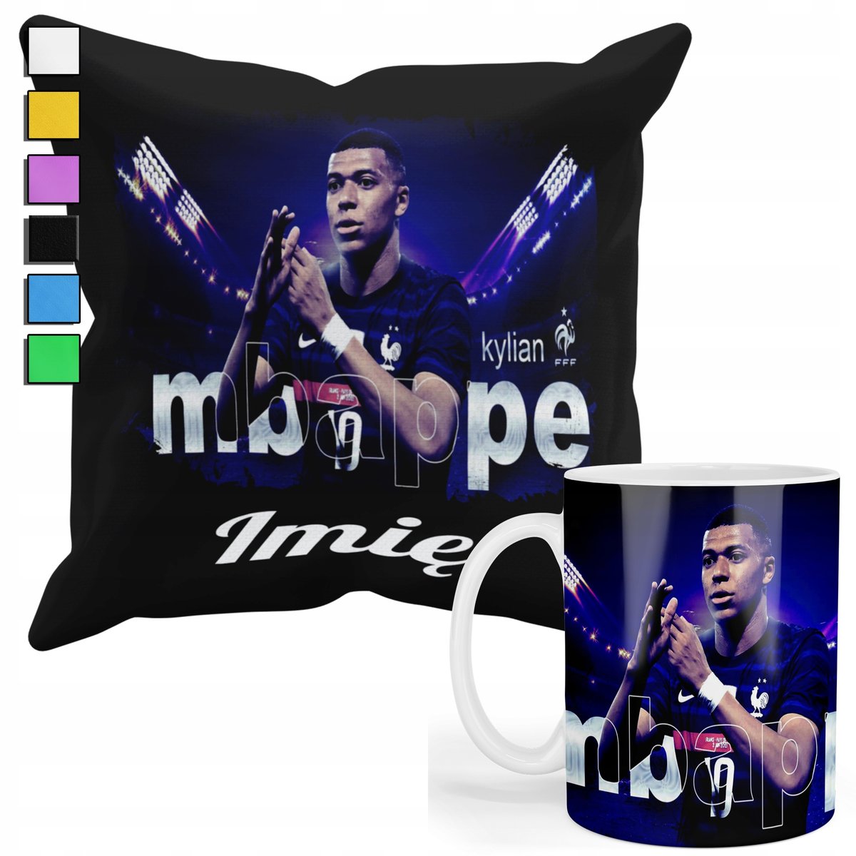 ZESTAW KUBEK + PODUSZKA Z POSZEWKĄ- PREZENT DLA FANATYKA MBAPPE PSG + IMIĘ