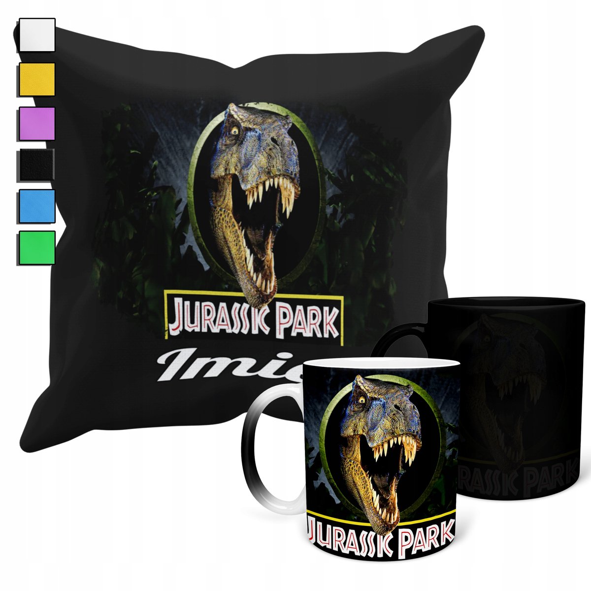 ZESTAW KUBEK MAGICZNY + POSZEWKA Z PODUSZKĄ- JURASSIC PARK PREZENT + IMIĘ
