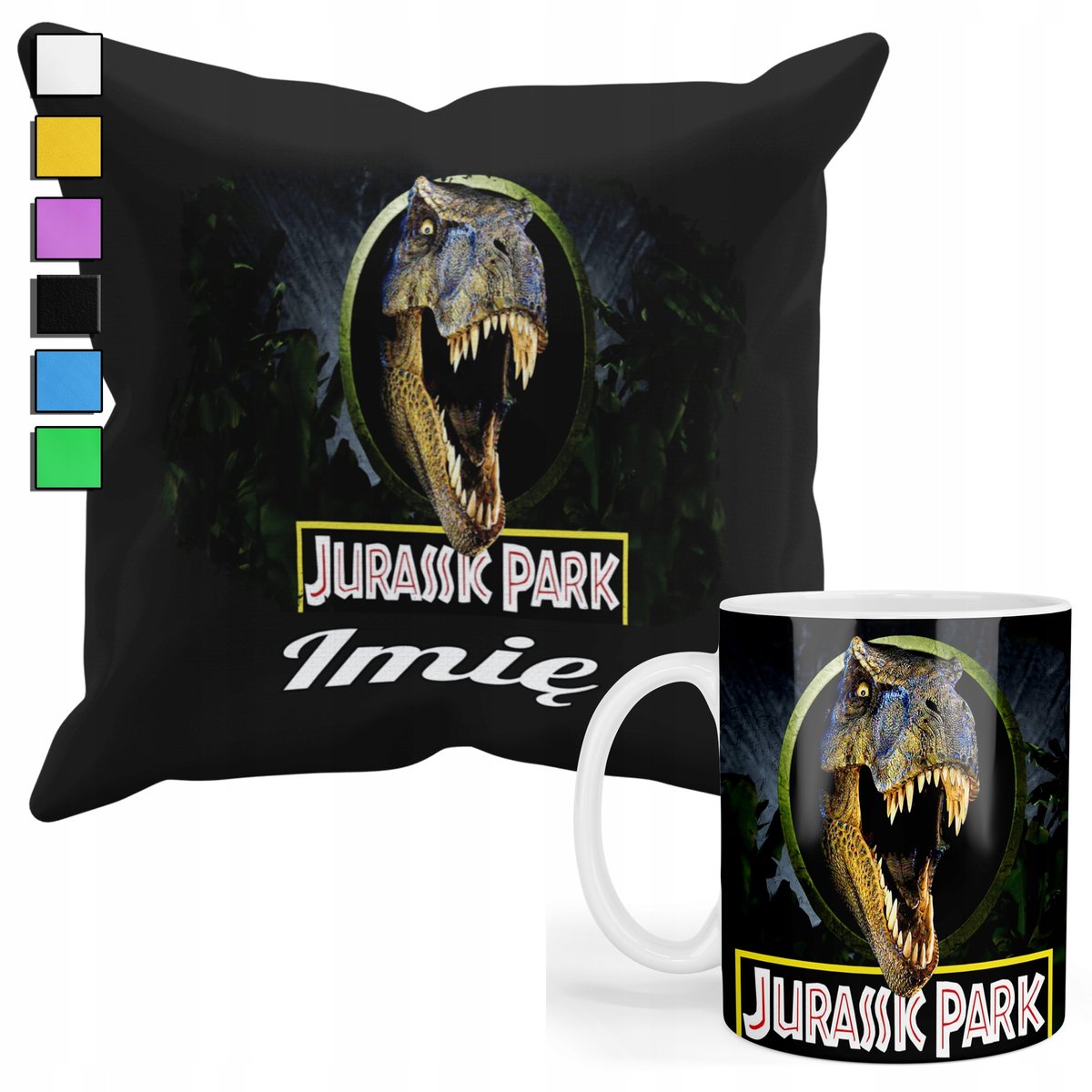 ZESTAW KUBEK + PODUSZKA Z POSZEWKĄ- PREZENT DLA FANA JURASSIC PARK + IMIĘ