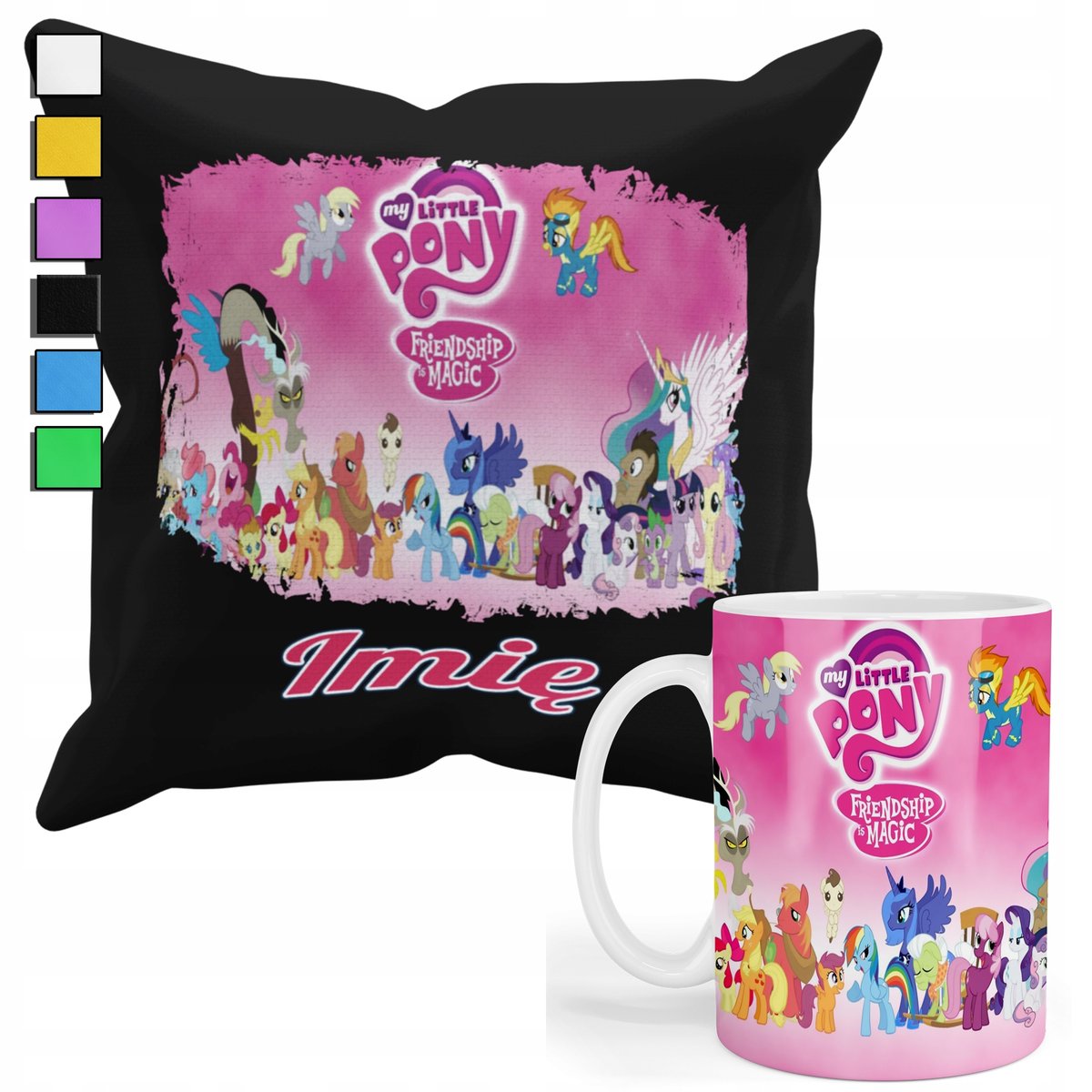 ZESTAW KUBEK + PODUSZKA Z POSZEWKĄ- PREZENT DLA FANA MY LITLLE PONY + IMIĘ