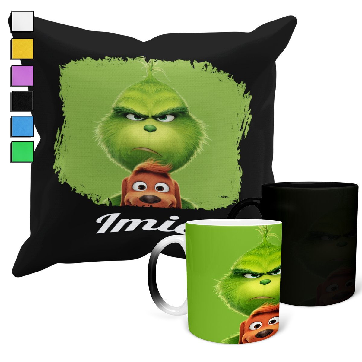 ZESTAW KUBEK MAGICZNY + POSZEWKA Z PODUSZKĄ- GRINCH ŚWIĘTA PREZENT + IMIĘ