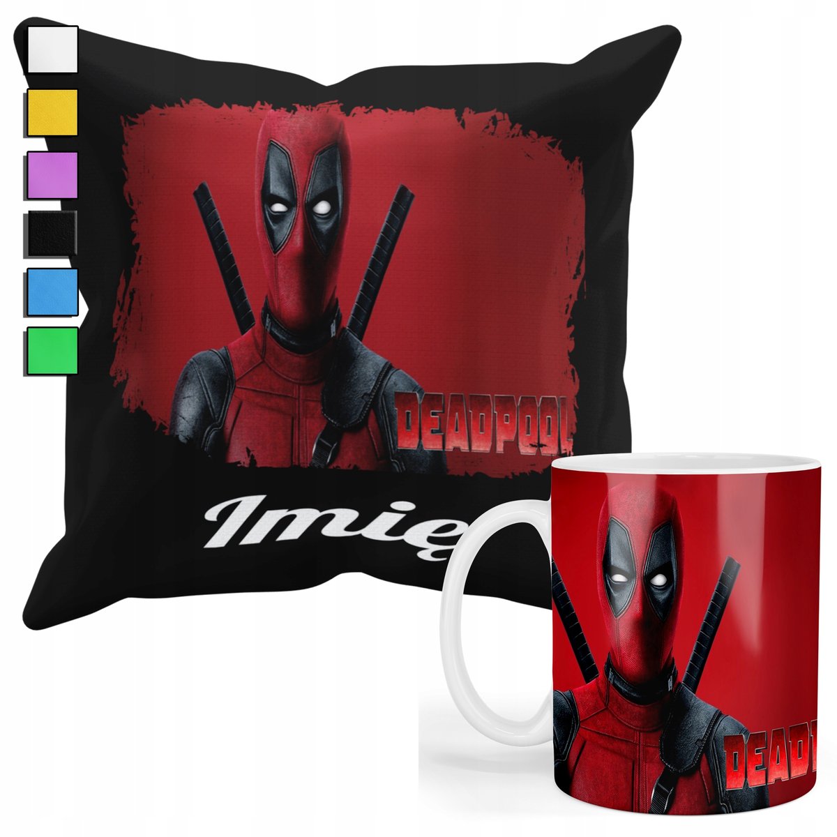 ZESTAW KUBEK + PODUSZKA Z POSZEWKĄ- PREZENT DLA FANA DEADPOOL + IMIĘ