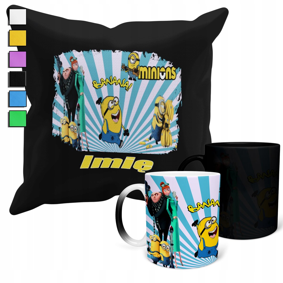ZESTAW KUBEK MAGICZNY + POSZEWKA Z PODUSZKĄ-PREZENT MINIONKI + IMIĘ