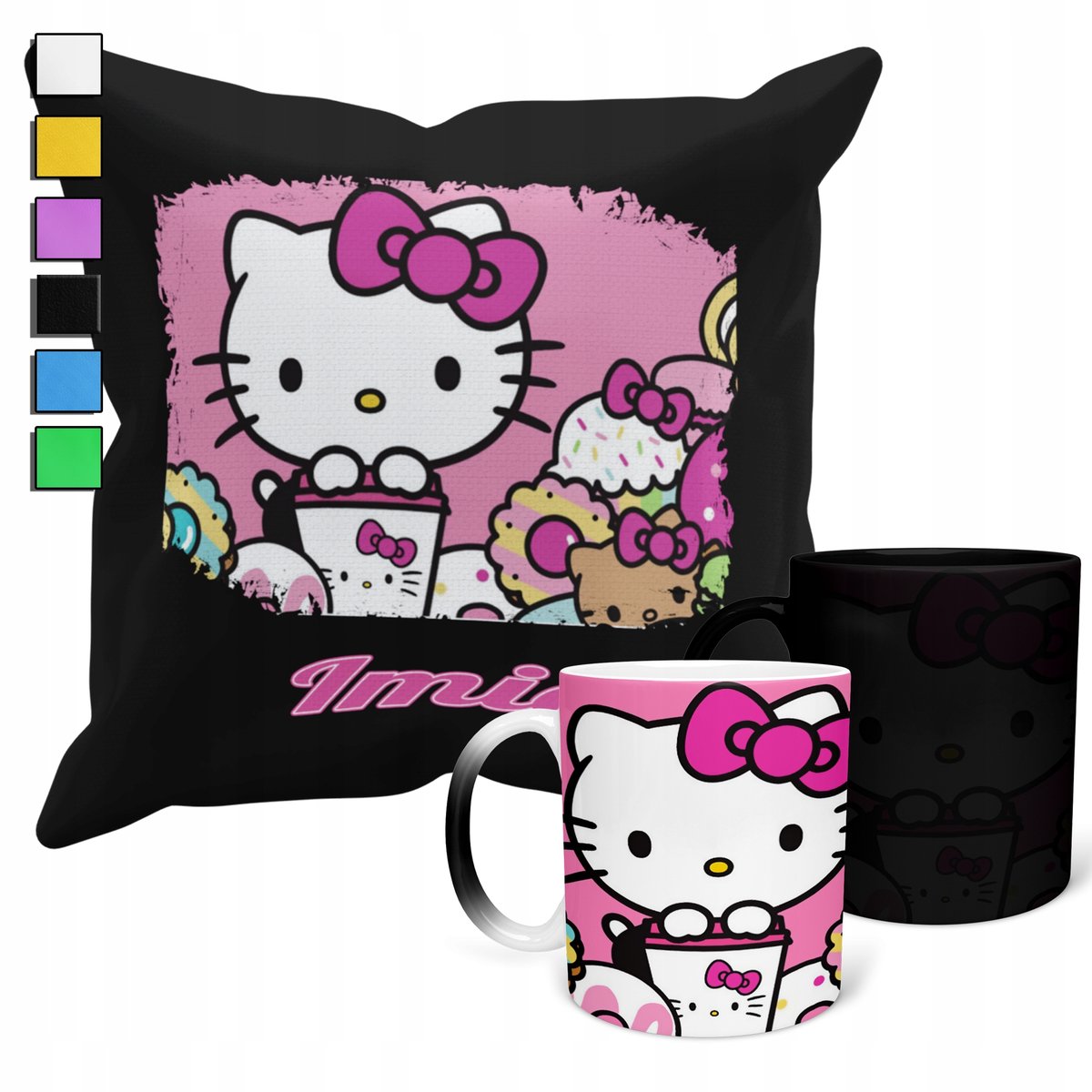 ZESTAW KUBEK MAGICZNY + POSZEWKA Z PODUSZKĄ-PREZENT HELLO KITTY + IMIĘ