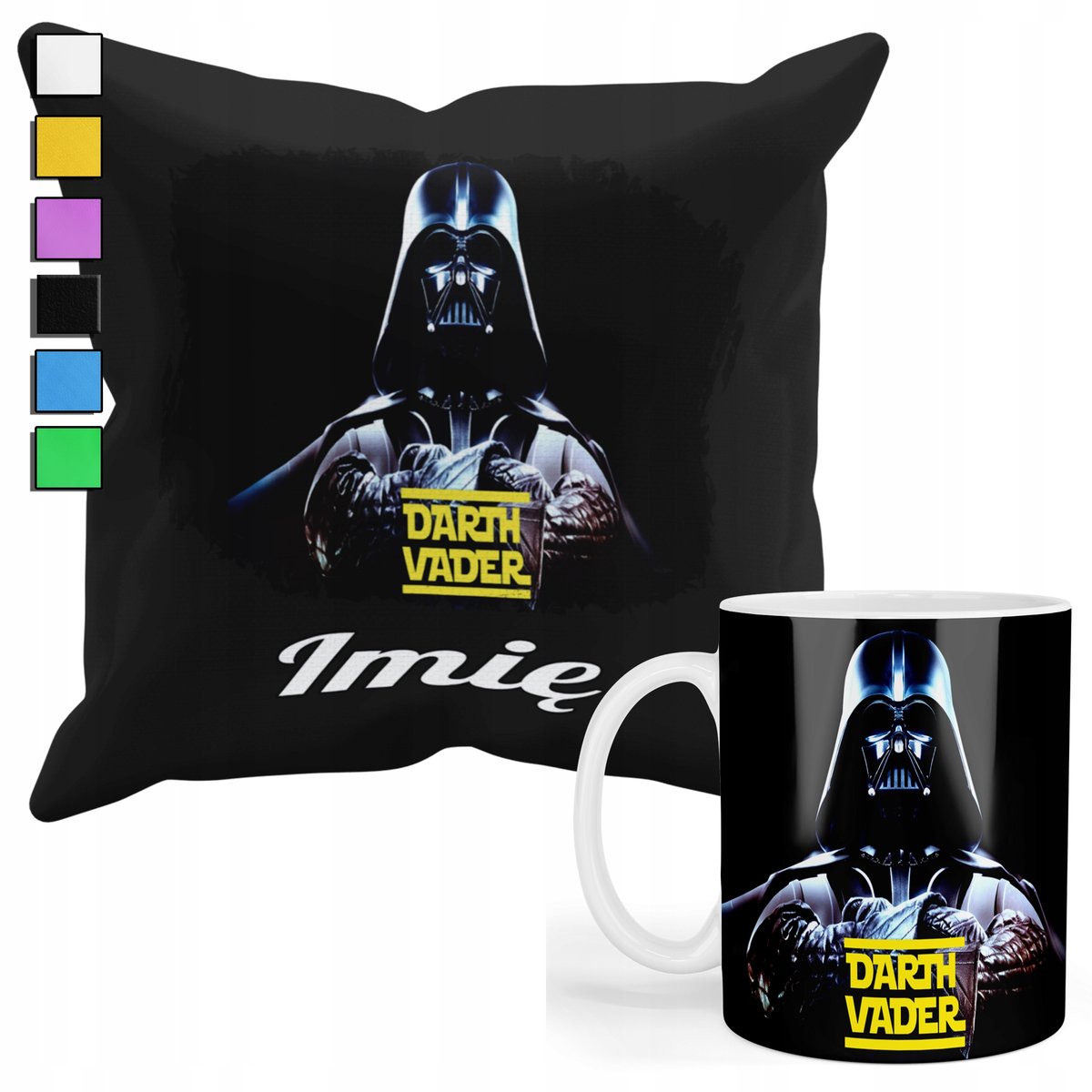 ZESTAW KUBEK + PODUSZKA Z POSZEWKĄ- PREZENT DLA FANA STAR WARS + IMIĘ