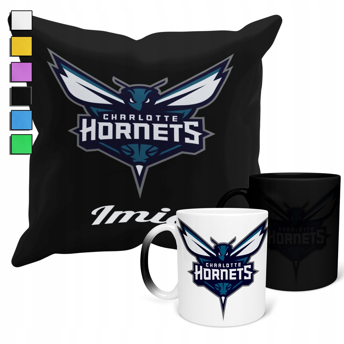 ZESTAW KUBEK MAGICZNY + POSZEWKA Z PODUSZKĄ- NBA CHARLOTTE HORNETS + IMIĘ