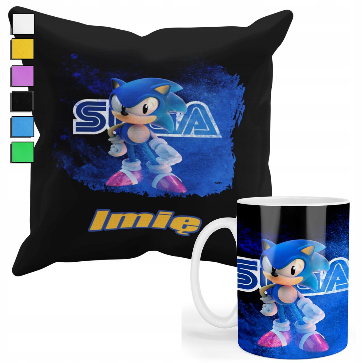 ZESTAW KUBEK + POSZEWKA Z NADRUKIEM-DLA FANA PREZENT SONIC BŁYSKAWICA+IMIĘ