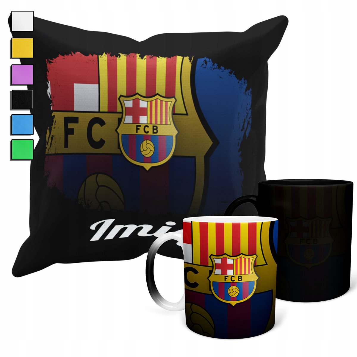 ZESTAW KUBEK MAGICZNY + POSZEWKA Z PODUSZKĄ- FC BARCELONA PIŁKA + IMIĘ