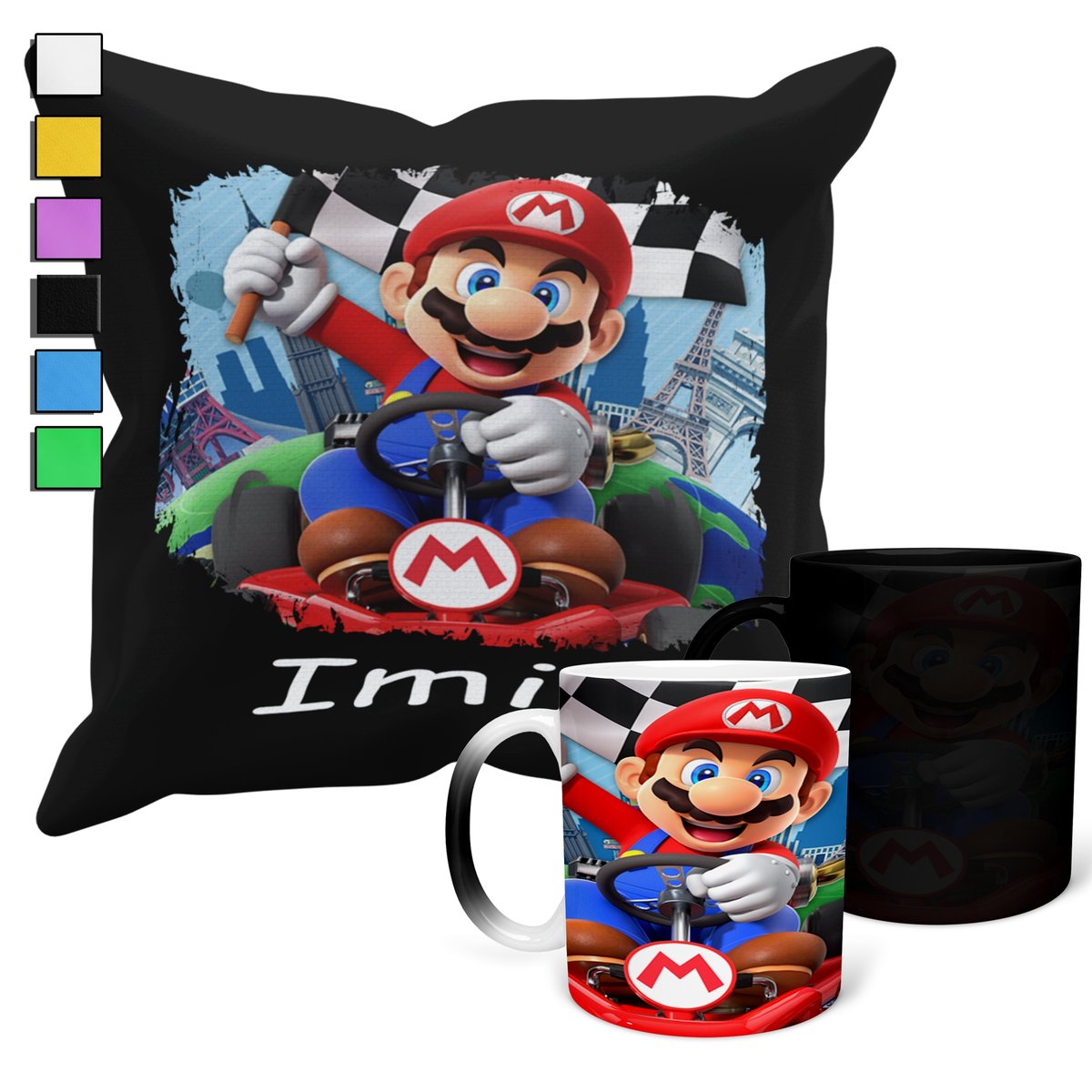 ZESTAW KUBEK MAGICZNY + POSZEWKA Z PODUSZKĄ- SUPER MARIO GRY PREZENT + IMIĘ