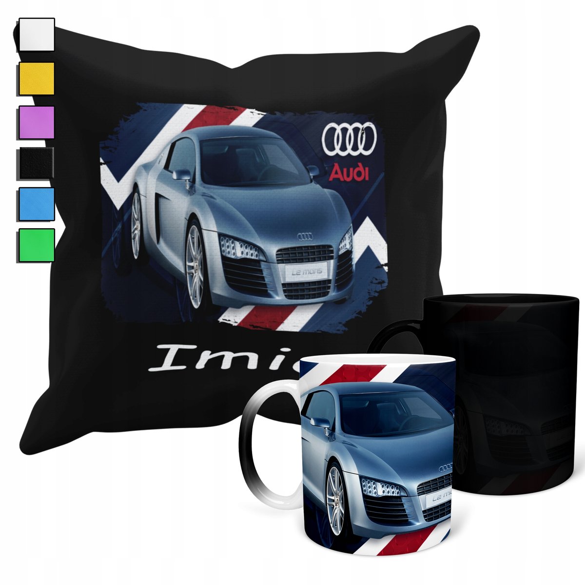 ZESTAW KUBEK MAGICZNY + POSZEWKA Z PODUSZKĄ- PREZENT AUDI SAMOCHODY + IMIĘ
