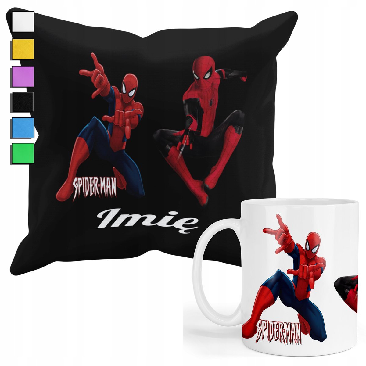 ZESTAW KUBEK + PODUSZKA Z POSZEWKĄ- PREZENT DLA FANA SPIDERMAN + IMIĘ