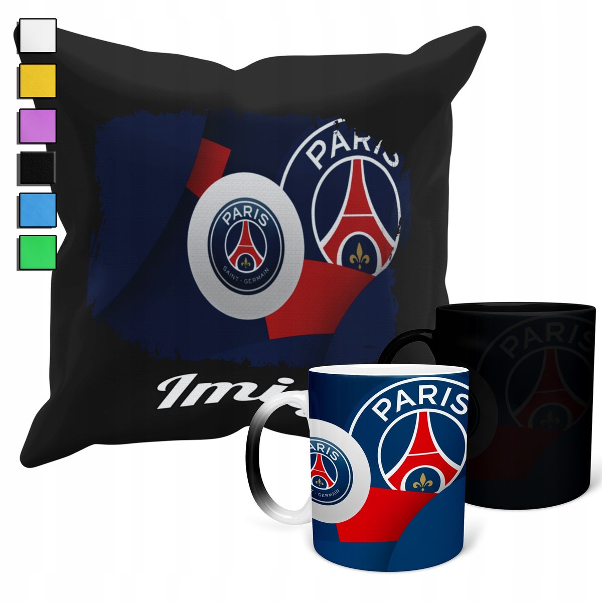 ZESTAW KUBEK MAGICZNY + POSZEWKA Z PODUSZKĄ- PARIS SAINT GERMAIN + IMIĘ