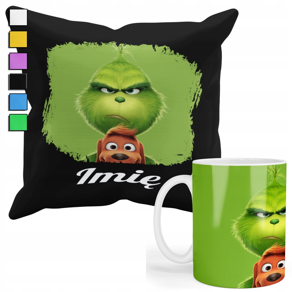 ZESTAW KUBEK + PODUSZKA Z POSZEWKĄ- PREZENT DLA FANA GRINCH ŚWIĘTA + IMIĘ