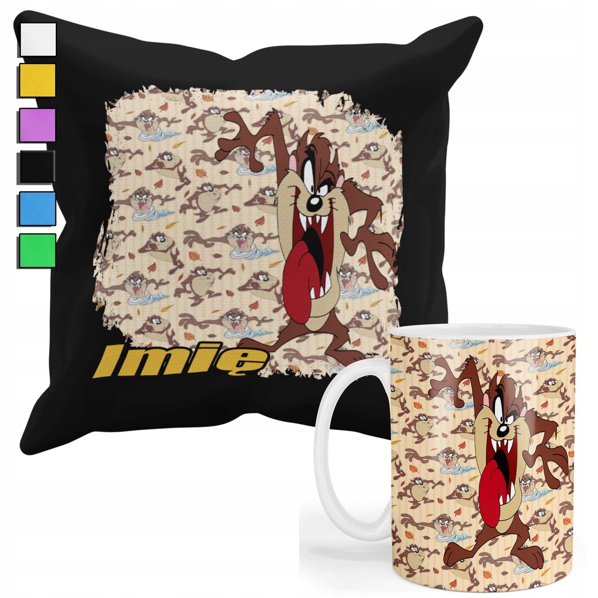 ZESTAW KUBEK + PODUSZKA Z POSZEWKĄ- PREZENT DLA FANA DIABEŁ TAZ LUNEJ+ IMIĘ