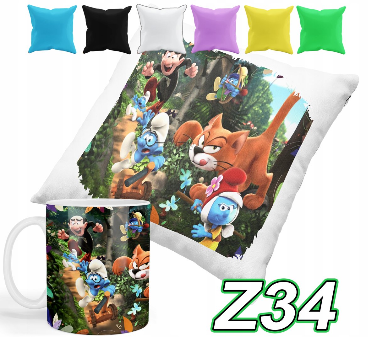 ZESTAW KUBEK + POSZEWKA Z PODUSZKĄ SMERFY BAJKI + IMIĘ