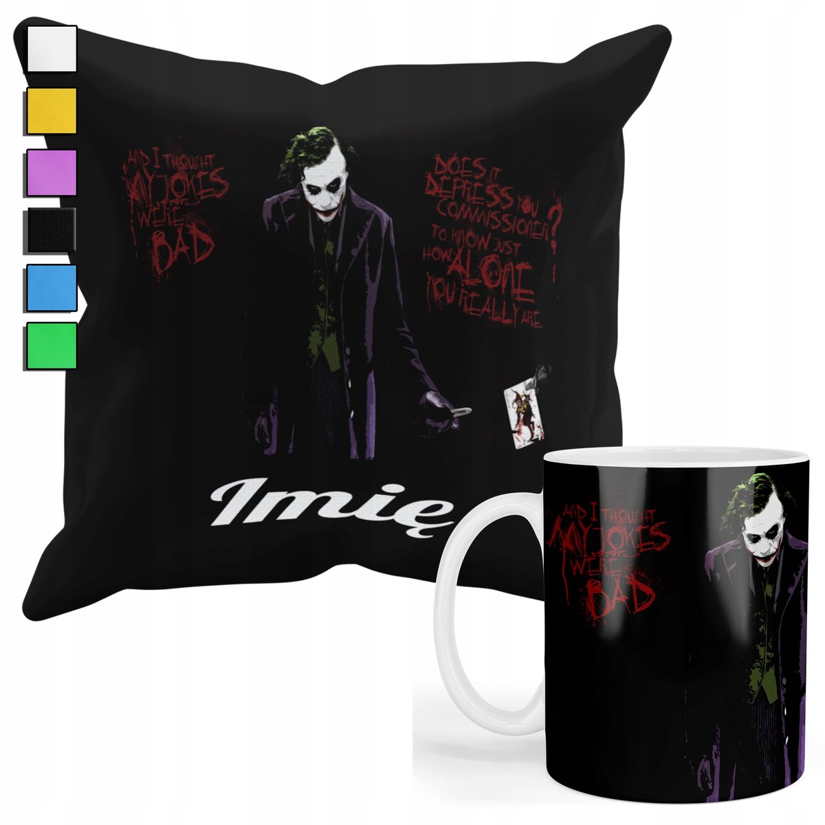 ZESTAW KUBEK + PODUSZKA Z POSZEWKĄ- PREZENT DLA FANA JOKER BATMAN + IMIĘ