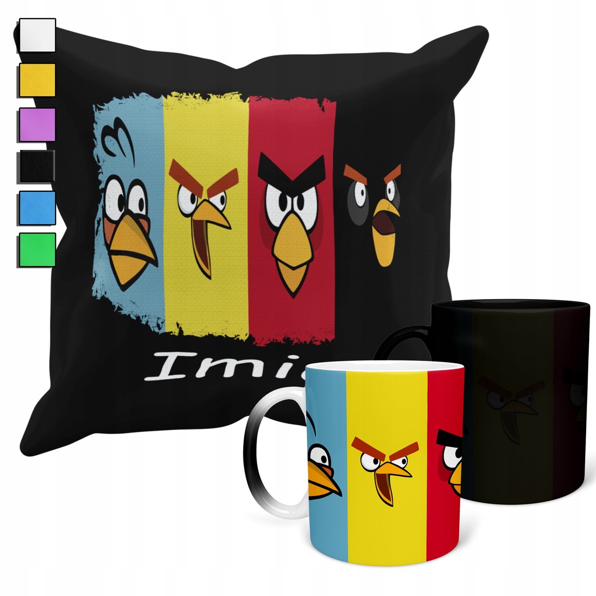 ZESTAW KUBEK MAGICZNY + POSZEWKA Z PODUSZKĄ- ANGRY BIRDS GRY PREZENT + IMIĘ