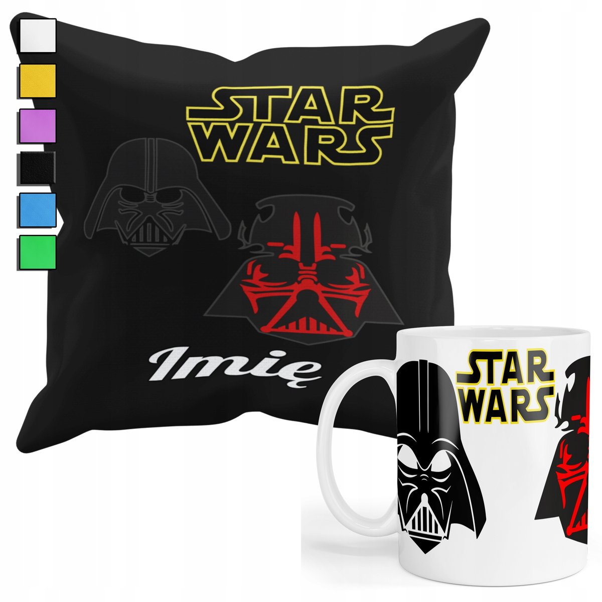 ZESTAW KUBEK + PODUSZKA Z POSZEWKĄ- PREZENT DLA FANA STAR WARS + IMIĘ