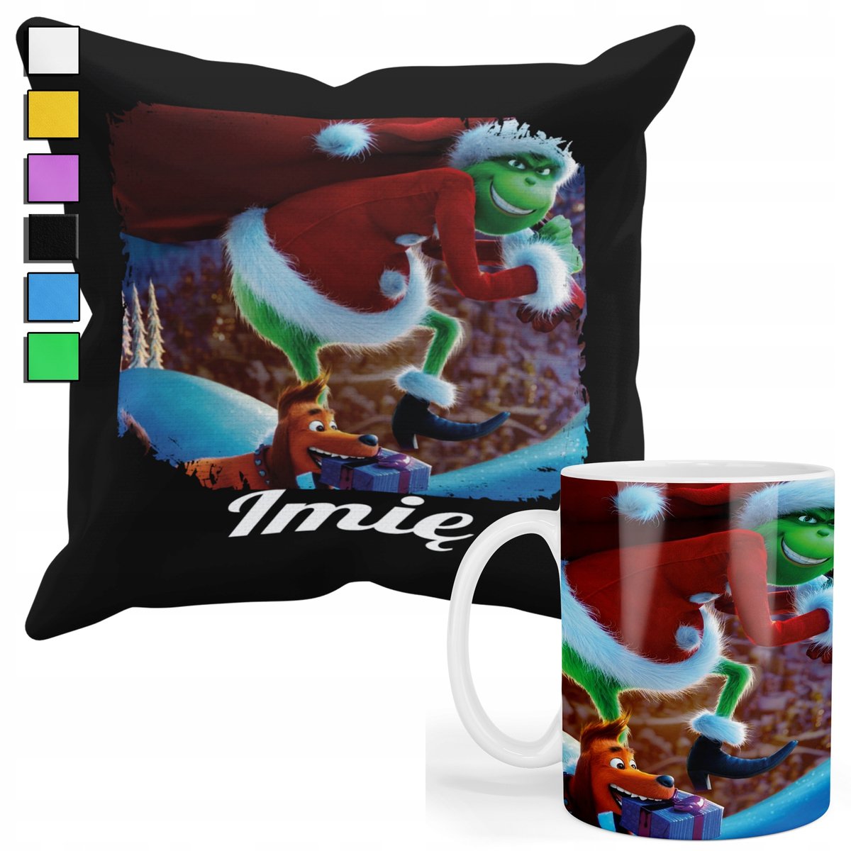 ZESTAW KUBEK + PODUSZKA Z POSZEWKĄ- PREZENT DLA FANA GRINCH ŚWIĘTA + IMIĘ