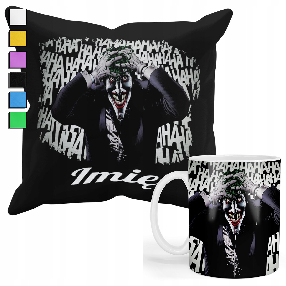 ZESTAW KUBEK + PODUSZKA Z POSZEWKĄ- PREZENT DLA FANA JOKER BATMAN + IMIĘ