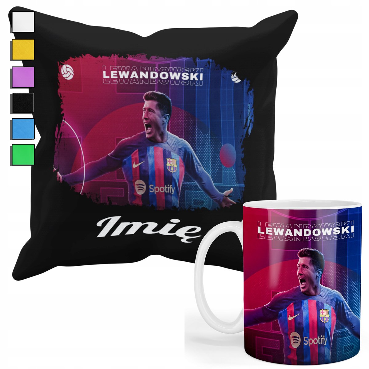 ZESTAW KUBEK + PODUSZKA Z POSZEWKĄ- PREZENT DLA FANATYKA LEWANDOWSKI + IMIĘ