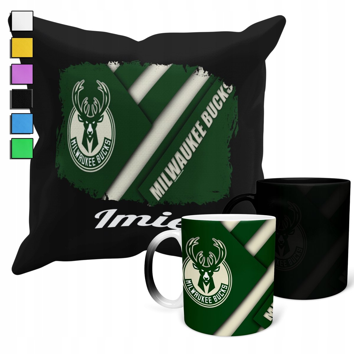 ZESTAW KUBEK MAGICZNY + POSZEWKA Z PODUSZKĄ- MILWAUKEE BUCKS BASKET + IMIĘ