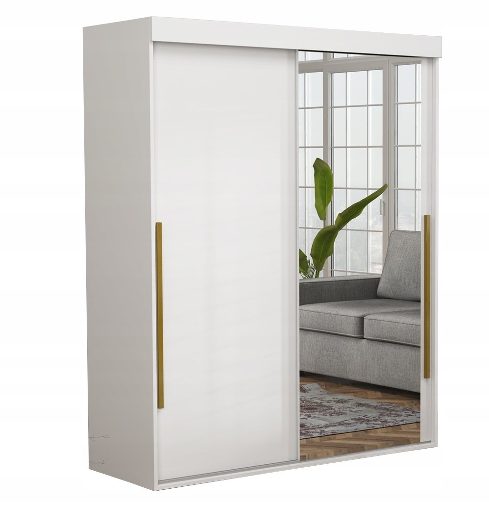 Szafa Do Garderoby ALLAM SLIM Lustro ZŁOTE Uchwyty 150x202x45.5 BIAŁA