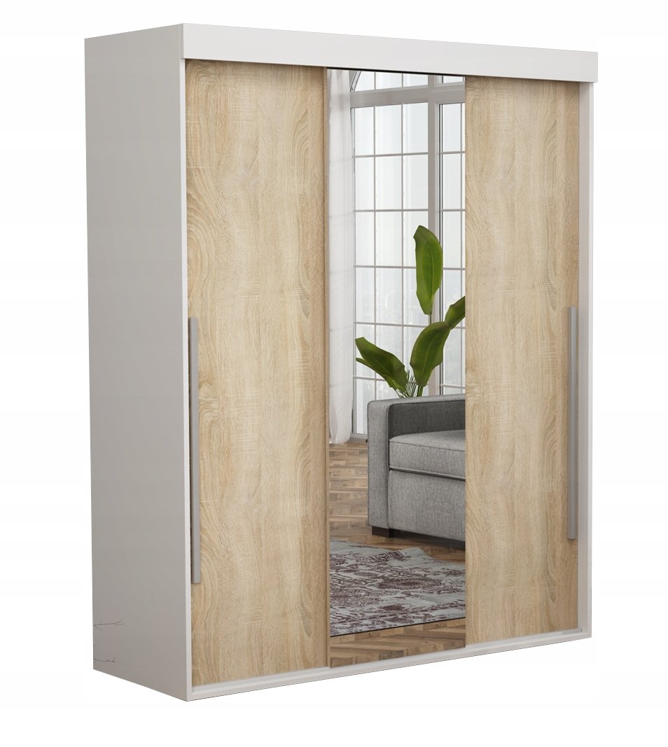 Stylowa Szafa Przesuwna ALLAM+ MIX Alu Biała+Sonoma Lustro 150x202