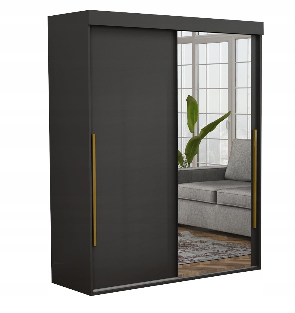 Szafa Przesuwna ALLAM SLIM Lustro ZŁOTE Uchwyty 160x202x45.5 CZARNA
