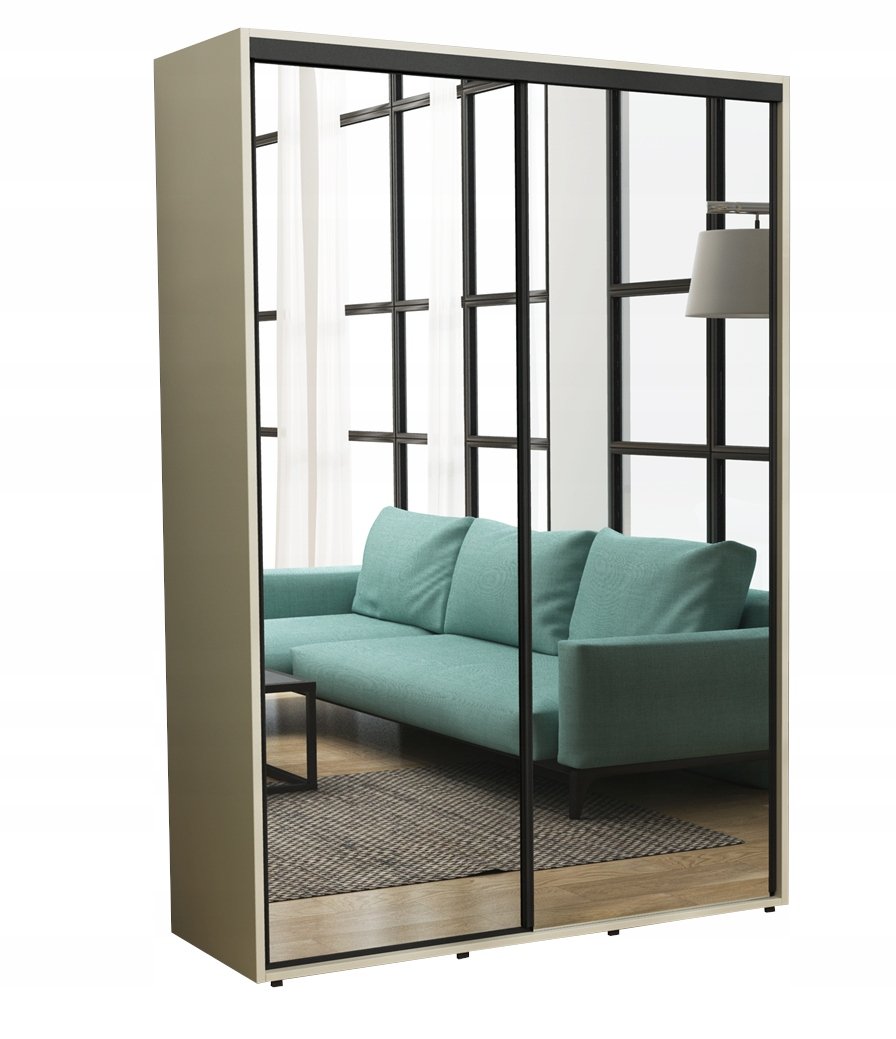 Szafa Przesuwna Iga Czarne Okucia 2 LUSTRA 150 x 242 Krem Różne Wymiary