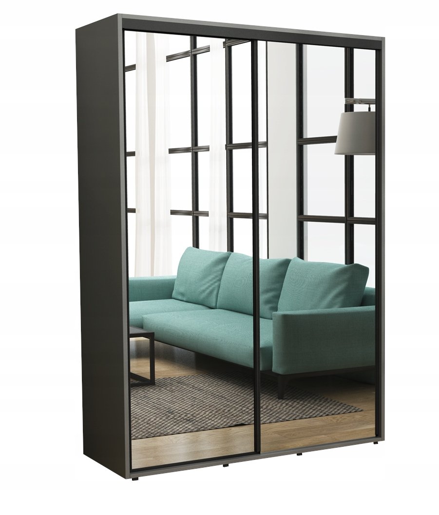 Szafa Przesuwna Iga Czarne Okucia 2 LUSTRA 140 x 242 Antracyt Pojemna