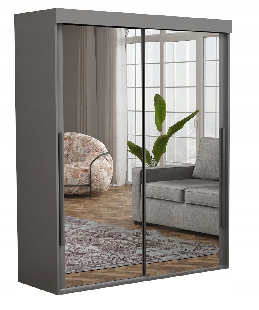 Szafa Do Sypialni ALLAM SLIM 2 Lustra Czarne Uchwyty 100x202x45.5 ANTRACYT