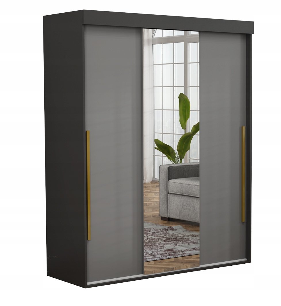 Szafa Przesuwna ALLAM+ Mix Czarna+Antracyt Lustro Złote Uchwyty 220x202
