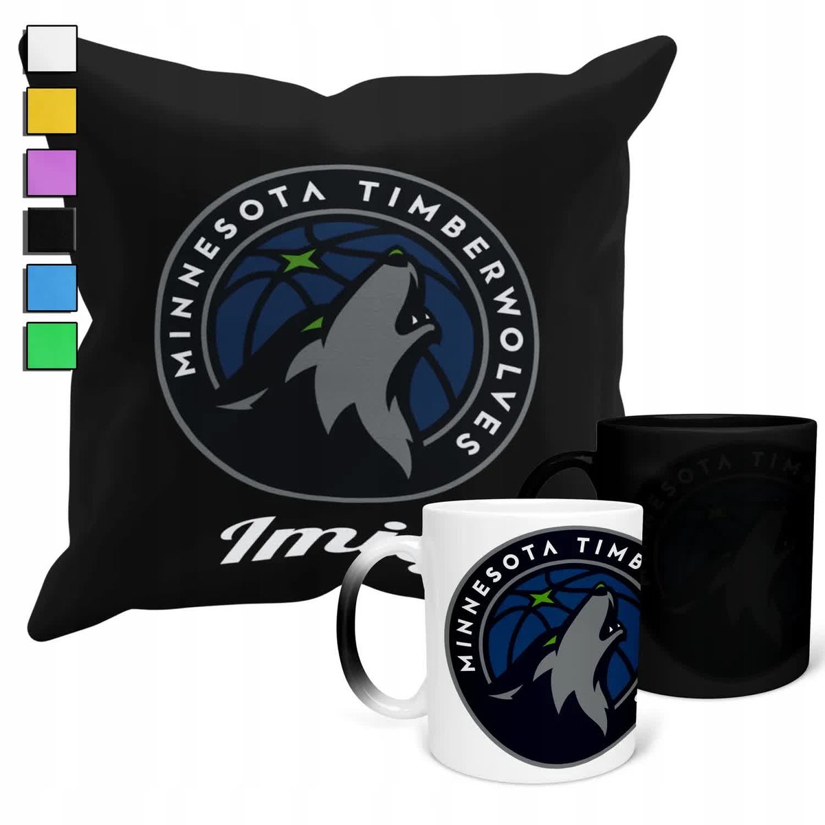 ZESTAW KUBEK MAGICZNY + POSZEWKA Z PODUSZKĄ- MINNESOTA TIMBERVOLVES + IMIĘ