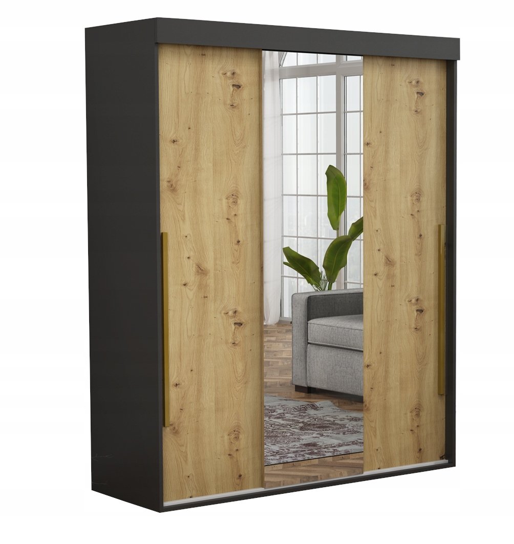 Szafa Na Wymiar ALLAM+ Mix Czarna+Artisan Lustro Złote Uchwyty 160x202