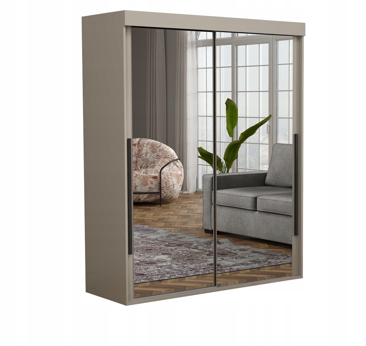 Szafa Do Sypialni ALLAM SLIM 2 Lustra Czarne Uchwyty 190x202x45.5 KASZMIR