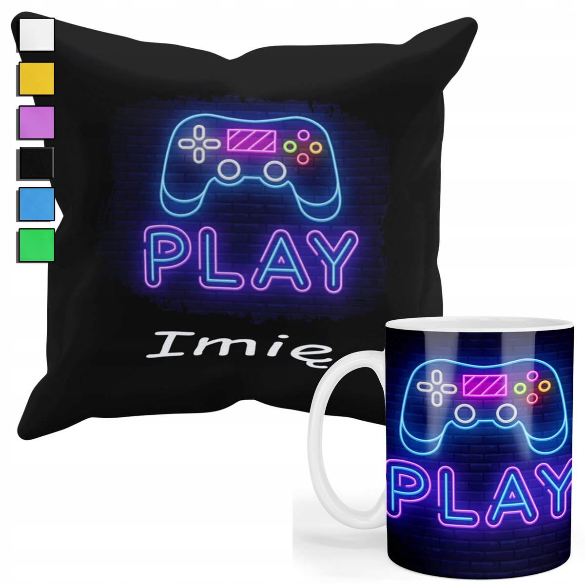 ZESTAW KUBEK + PODUSZKA Z POSZEWKĄ- PREZENT DLA FANA GAME PAD PLAY + IMIĘ