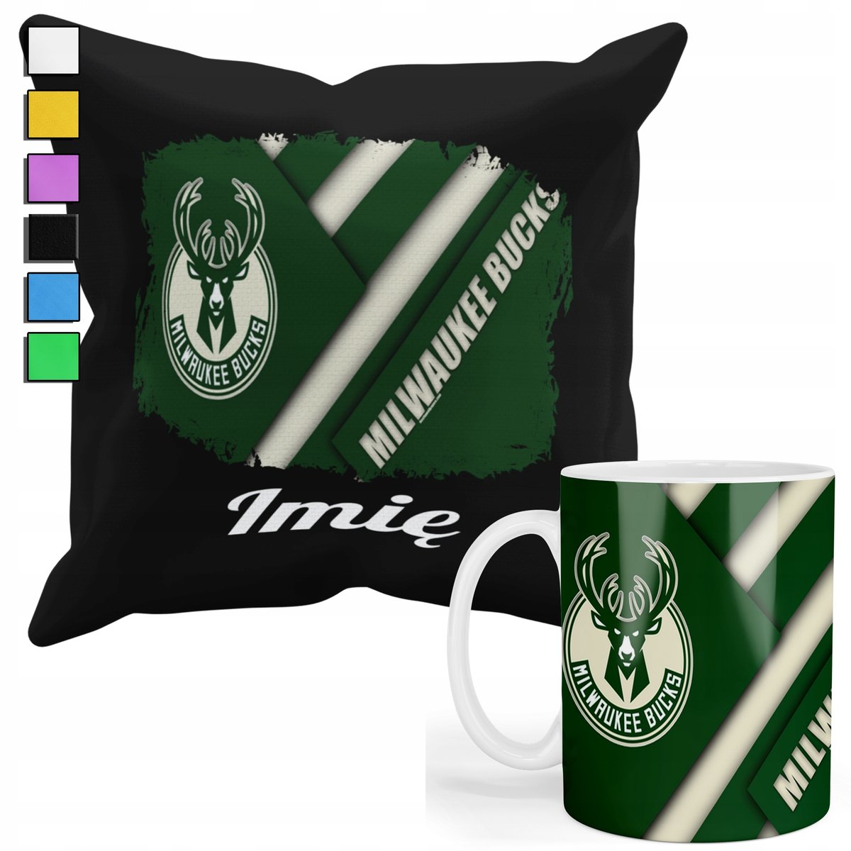 ZESTAW KUBEK + PODUSZKA Z POSZEWKĄ- PREZENT DLA FANA MILWAUKEE BUCKS + IMIĘ