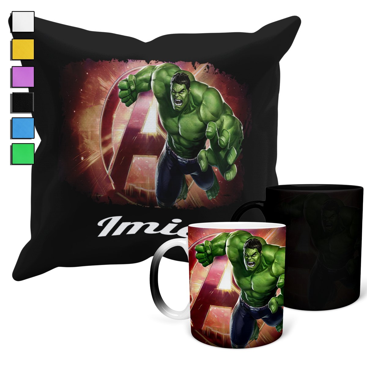 ZESTAW KUBEK MAGICZNY + POSZEWKA Z PODUSZKĄ- AVENGERS HULK PREZENT + IMIĘ