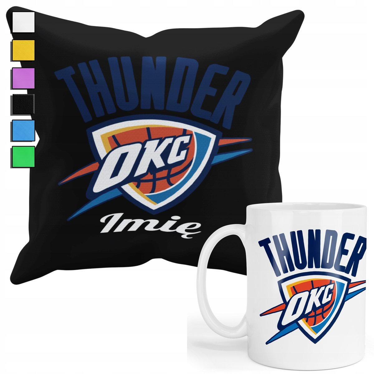 ZESTAW KUBEK + PODUSZKA Z POSZEWKĄ- PREZENT DLA FANA NBA OKC THUNDER + IMIĘ