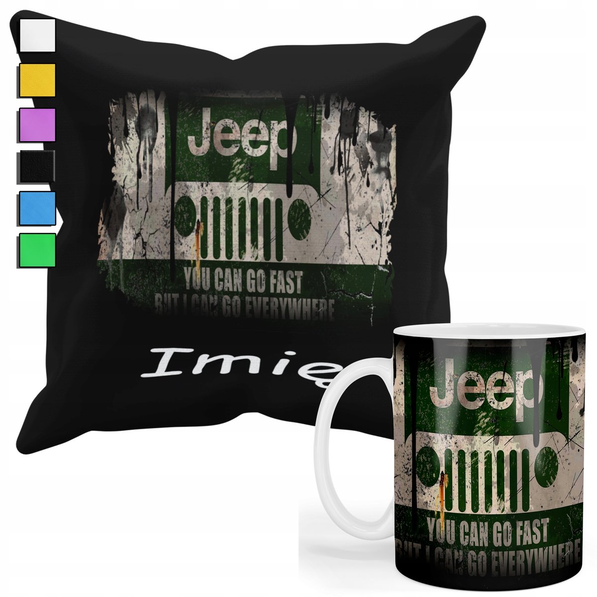 ZESTAW KUBEK + PODUSZKA Z POSZEWKĄ- PREZENT DLA FANA MOTO JEEP+ IMIĘ