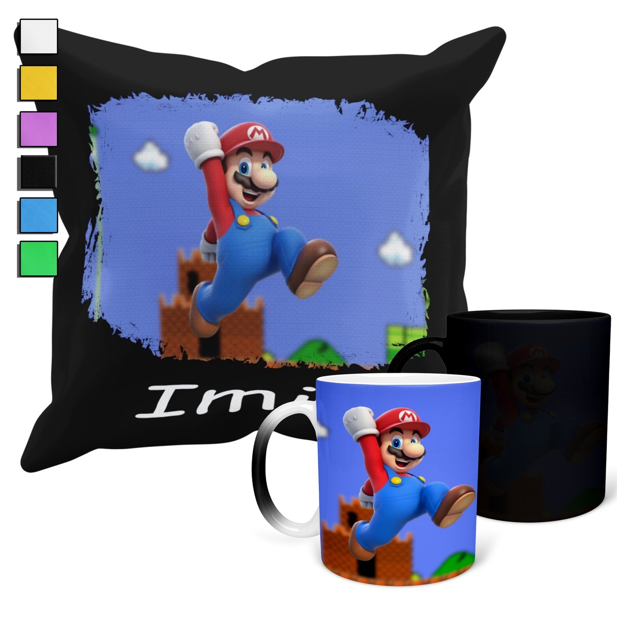 ZESTAW KUBEK MAGICZNY + POSZEWKA Z PODUSZKĄ- SUPER MARIO GRY PREZENT + IMIĘ