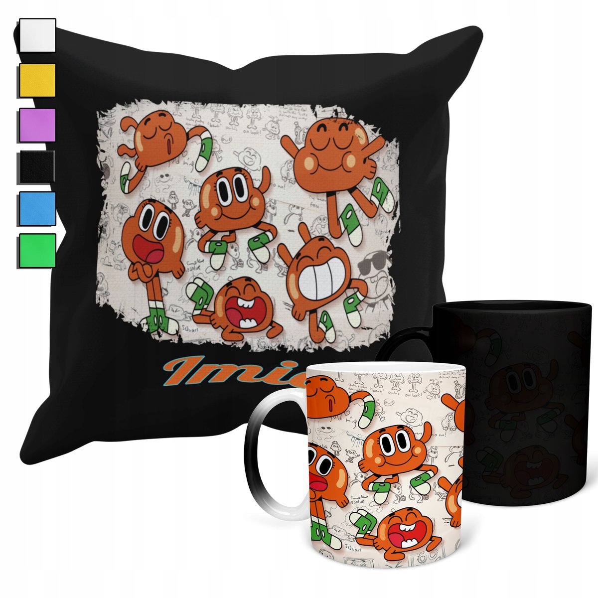 ZESTAW KUBEK MAGICZNY + POSZEWKA Z PODUSZKĄ-PREZENT ŚWIAT GUMBALLA + IMIĘ